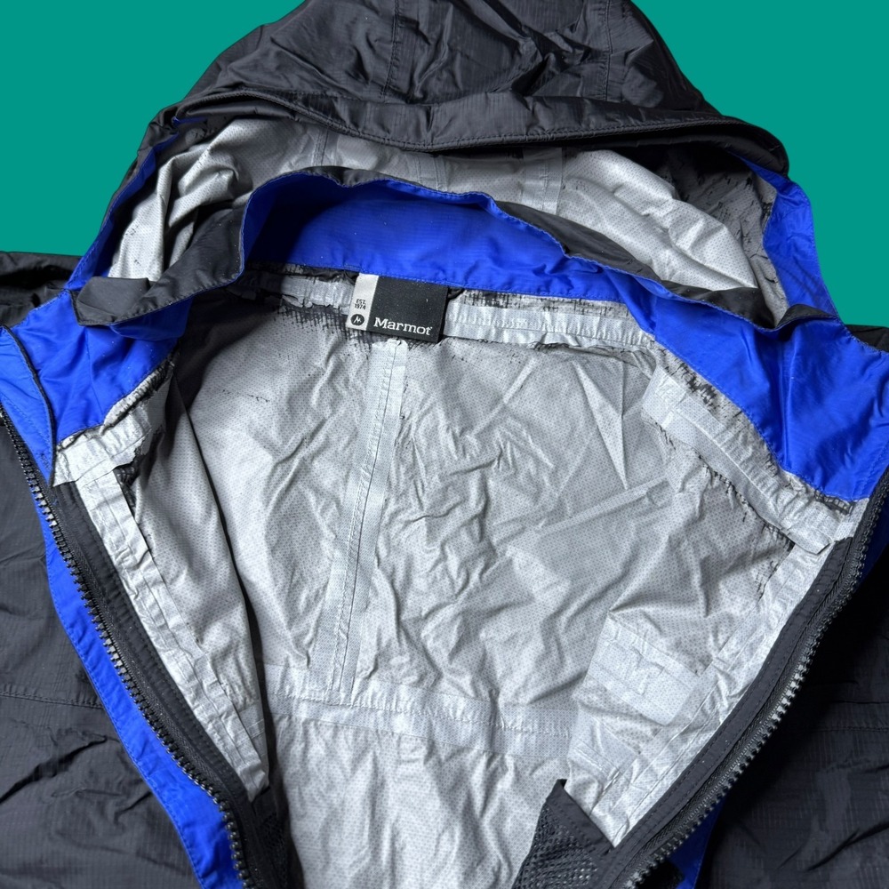 Marmot Nylon Jacket Large Black Lined Windbreaker Hood Distressed Outdoor - Picture 5 of 16